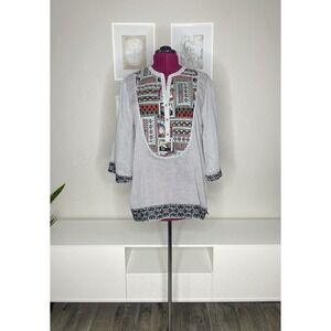 Soft Surroundings Tunic Top Women's L Gray Striped Embroidered Boho Cotton